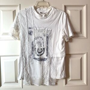 McQ by Alexander McQueen Lace Layered Asymmetrical White Tee